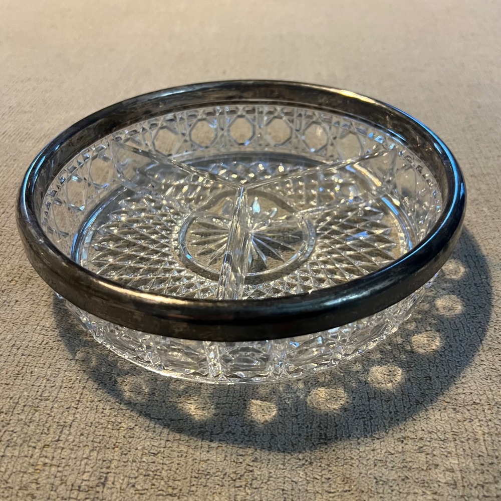 Vintage Cut Glass 3 Section Divided Relish Dish Silver Tone Rim 8 Inch Round